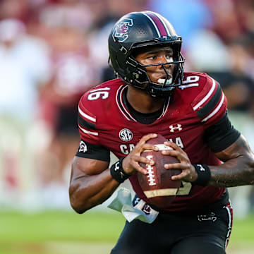 Oct 5, 2024; Columbia, South Carolina, USA; South Carolina Gamecocks quarterback LaNorris Sellers (16) scrambles against the Mississippi Rebels in the second half at Williams-Brice Stadium. Mandatory Credit: Jeff Blake-Imagn Images
