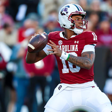 Nov 23, 2024; Columbia, South Carolina, USA; South Carolina Gamecocks quarterback LaNorris Sellers (16) throws a pass against the Wofford Terriers in the first quarter at Williams-Brice Stadium. Mandatory Credit: Jeff Blake-Imagn Images