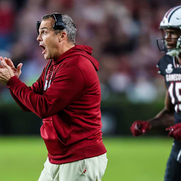 Nov 16, 2024; Columbia, South Carolina, USA; South Carolina Gamecocks head coach Shane Beamer directs his team against the Missouri Tigers in the second half at Williams-Brice Stadium. Mandatory Credit: Jeff Blake-Imagn Images