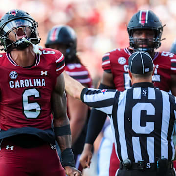 Aug 31, 2024; Columbia, South Carolina, USA; South Carolina Gamecocks edge Dylan Stewart (6) celebrates after a sack against the Old Dominion Monarchs in the second quarter at Williams-Brice Stadium. Mandatory Credit: Jeff Blake-Imagn Images
