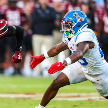 Oct 5, 2024; Columbia, South Carolina, USA; South Carolina Gamecocks wide receiver Mazeo Bennett Jr. (3) runs after a catch against the Mississippi Rebels in the second half at Williams-Brice Stadium. Mandatory Credit: Jeff Blake-Imagn Images