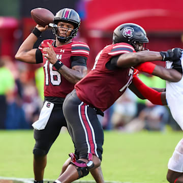 Oct 5, 2024; Columbia, South Carolina, USA; South Carolina Gamecocks quarterback LaNorris Sellers (16) throws against the Mississippi Rebels in the second half at Williams-Brice Stadium. Mandatory Credit: Jeff Blake-Imagn Images