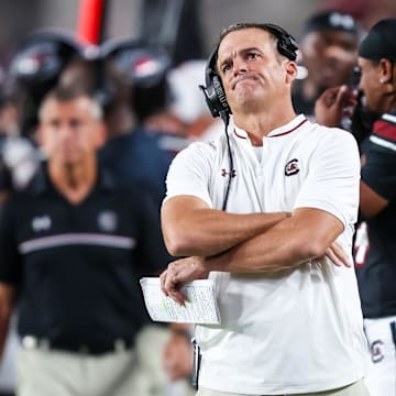 Sep 27, 2025; Columbia, South Carolina, USA; South Carolina Gamecocks head coach Shane Beamer directs his team against the Kentucky Wildcats in the second half at Williams-Brice Stadium. Mandatory Credit: Jeff Blake-Imagn Images