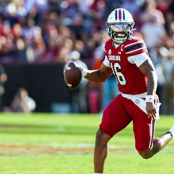 Oct 25, 2025; Columbia, South Carolina, USA; South Carolina Gamecocks quarterback Lanorris Sellers (16) scrambles against the Alabama Crimson Tide in the first quarter at Williams-Brice Stadium. Mandatory Credit: Jeff Blake-Imagn Images