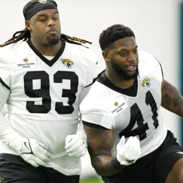 Jacksonville Jaguars defensive end Tyler Lacy (93) and linebacker Josh Allen (41) run into each other during drills. The Jacksonville Jaguars let most of the veterans off from participating in Monday's mandatory minicamp session held in the air conditioned enclosed field at EverBank Stadium's Miller Electric Center in Jacksonville, Fla. June 10, 2024.