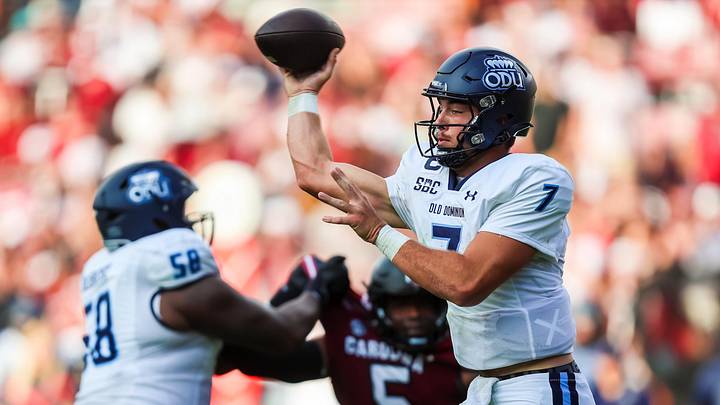 Aug 31, 2024; Columbia, South Carolina, USA; Old Dominion Monarchs quarterback Grant Wilson (7) throws a pass against the Old Dominion Monarchs in the second quarter at Williams-Brice Stadium. Mandatory Credit: Jeff Blake-Imagn Images