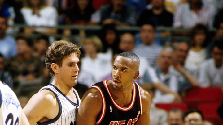 Former Oklahoma Sooner star Stacey King playing for the Miami Heat of the NBA.