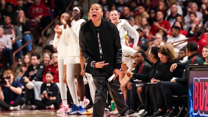 Feb 16, 2025; Columbia, South Carolina, USA; South Carolina Gamecocks head coach Dawn Staley directs her team against the UConn Huskies in the first half at Colonial Life Arena. Mandatory Credit: Jeff Blake-Imagn Images