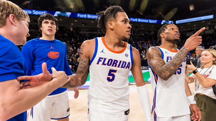 Jan 22, 2025; Columbia, South Carolina, USA; Florida Gators guard Will Richard (5) celebrates following their win over the South Carolina Gamecocks at Colonial Life Arena. Mandatory Credit: Jeff Blake-Imagn Images