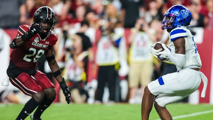 Sep 3, 2022; Columbia, South Carolina, USA; Georgia State Panthers wide receiver Robert Lewis (14) makes a touchdown reception against the South Carolina Gamecocks in the second quarter at Williams-Brice Stadium. Mandatory Credit: Jeff Blake-USA TODAY Sports