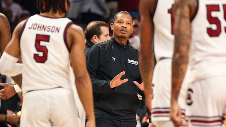 Mar 6, 2024; Columbia, South Carolina, USA; South Carolina Gamecocks head coach Lamont Paris directs his team against the Tennessee Volunteers in the first half at Colonial Life Arena. Mandatory Credit: Jeff Blake-Imagn Images
