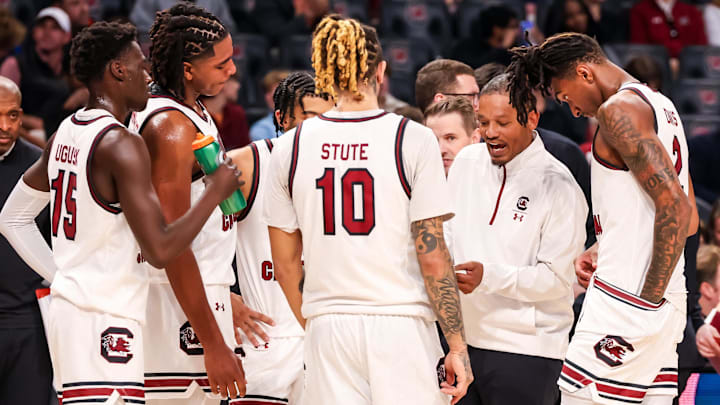 Dec 22, 2024; Columbia, South Carolina, USA; South Carolina Gamecocks head coach Lamont Paris directs his team against the Radford Highlanders in the second half at Colonial Life Arena. Mandatory Credit: Jeff Blake-Imagn Images