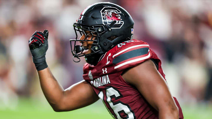 Sep 6, 2025; Columbia, South Carolina, USA; South Carolina Gamecocks linebacker Bryan Thomas Jr. (46) celebrates a sack against the South Carolina State Bulldogs in the second quarter at Williams-Brice Stadium. Mandatory Credit: Jeff Blake-Imagn Images