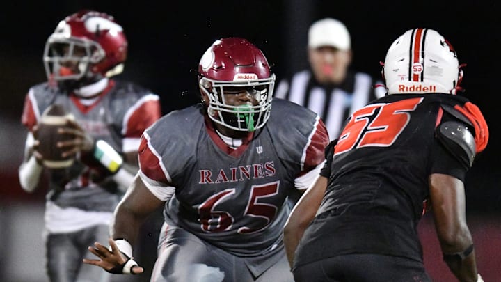 Raines Vikings Solomon Thomas (65) protects his quarterback from Andrew Jackson Tigers King Massey