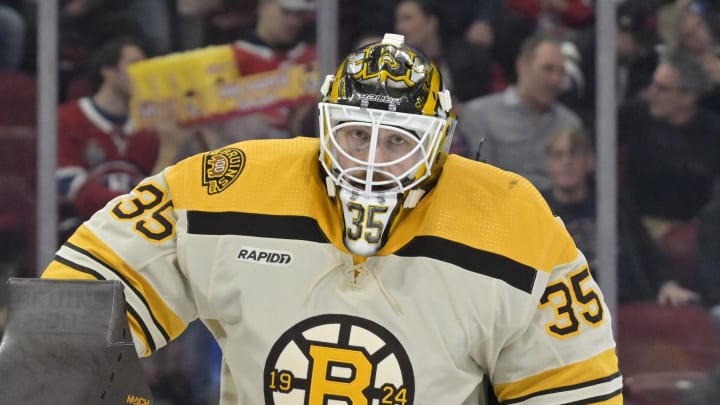 Mar 14, 2024; Montreal, Quebec, CAN; Boston Bruins goalie Linus Ullmark (35) during the second period of the game against the Montreal Canadiens at the Bell Centre. Mandatory Credit: Eric Bolte-USA TODAY Sports