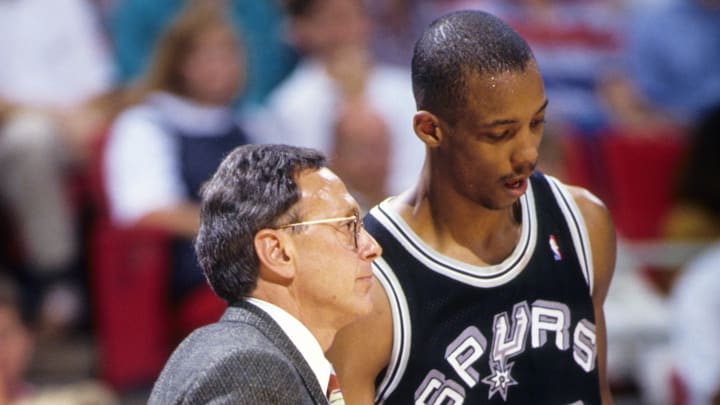 Unknown date; Orlando, FL, USA; FILE PHOTO; San Antonio Spurs head coach Larry Brown talks to guard Sean Elliott (32) against the Orlando Magic during the 1990-91 season at the Orlando Arena. Mandatory Credit: USA TODAY Sports