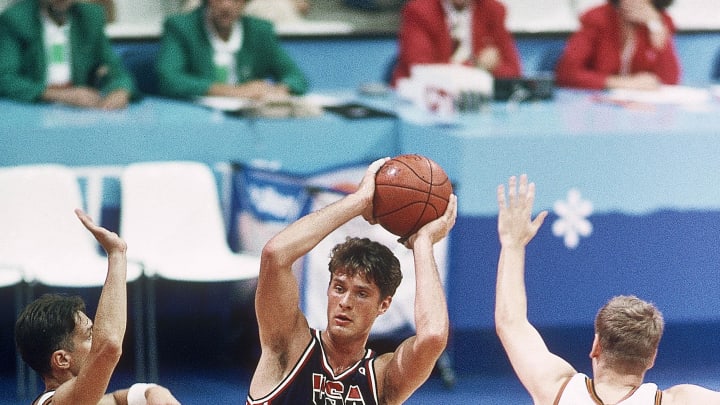 Jul 29, 1992; Badalona, SPAIN; FILE PHOTO; Christian Laettner (USA) in action against team Germany during the 1992 Barcelona Olympic Games at Pavell  Olimpic de Badalona. Mandatory Credit: George Long-USA TODAY NETWORK