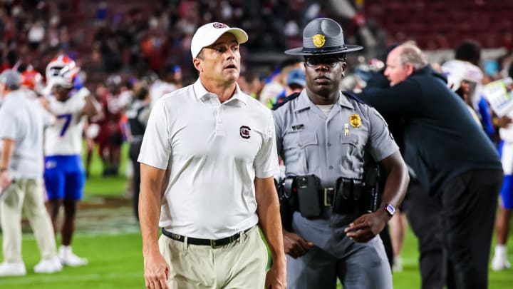 Oct 14, 2023; Columbia, South Carolina, USA; South Carolina Gamecocks head coach Shane Beamer walks off the field following a loss to the Florida Gators at Williams-Brice Stadium. Mandatory Credit: Jeff Blake-USA TODAY Sports