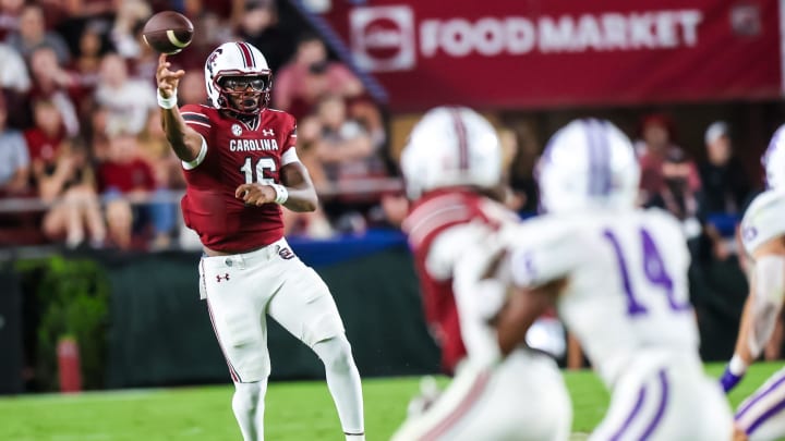 Sep 9, 2023; Columbia, South Carolina, USA; South Carolina Gamecocks quarterback LaNorris Sellers (16) passes against the Furman Paladins during the second half at Williams-Brice Stadium. Mandatory Credit: Jeff Blake-USA TODAY Sports