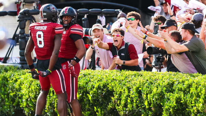 Oct 14, 2023; Columbia, South Carolina, USA; South Carolina Gamecocks tight end Trey Knox (1) celebrates with wide receiver Nyck Harbor (8) after scoring a touchdown against the Florida Gators in the first quarter at Williams-Brice Stadium. Mandatory Credit: Jeff Blake-USA TODAY Sports