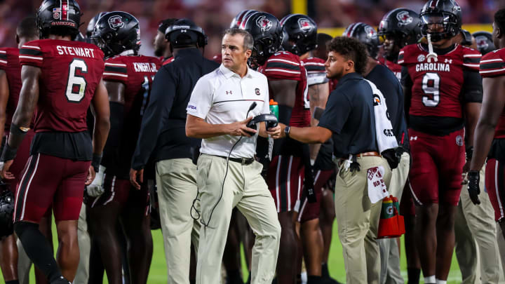 Aug 31, 2024; Columbia, South Carolina, USA; South Carolina Gamecocks head coach Shane Beamer directs his team against the Old Dominion Monarchs in the second half at Williams-Brice Stadium. Mandatory Credit: Jeff Blake-USA TODAY Sports