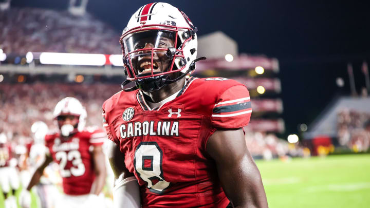 Sep 9, 2023; Columbia, South Carolina, USA; South Carolina Gamecocks wide receiver Nyck Harbor (8) celebrates a touchdown during the third quarter at Williams-Brice Stadium. Mandatory Credit: Jeff Blake-USA TODAY Sports