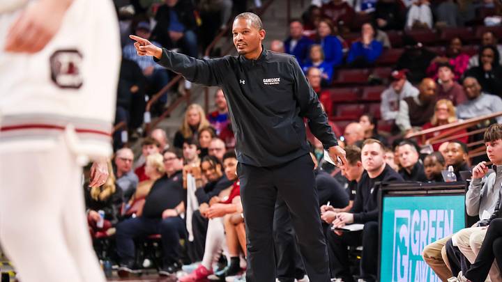 Feb 24, 2026; Columbia, South Carolina, USA; South Carolina Gamecocks head coach Lamont Paris directs his team against the Kentucky Wildcats during the first half at Colonial Life Arena. Mandatory Credit: Jeff Blake-Imagn Images
