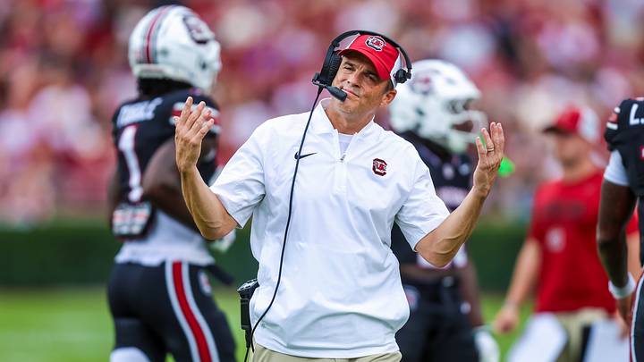Oct 3, 2026; Columbia, South Carolina, USA;  South Carolina Gamecocks head coach Shane Beamer rects after a play against the Kentucky Wildcats in the second quarter at Williams-Brice Stadium.  Mandatory Credit: Jeff Blake-Imagn Images