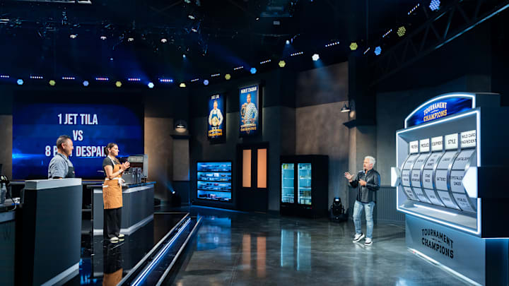 Host Guy Fieri and contestants Jet Tila and Pyet DeSpain on Tournament of Champions
