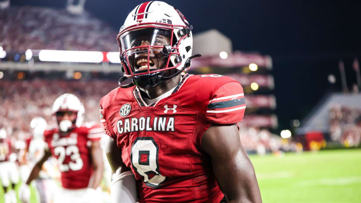 Sep 9, 2023; Columbia, South Carolina, USA; South Carolina Gamecocks wide receiver Nyck Harbor (8) celebrates a touchdown during the third quarter at Williams-Brice Stadium. Mandatory Credit: Jeff Blake-USA TODAY Sports