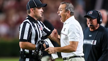Sep 13, 2025; Columbia, South Carolina, USA; South Carolina Gamecocks head coach Shane Beamer reacts to the play that knocked out his QB quarterback LaNorris Sellers (16) against the Vanderbilt Commodores in the second quarter at Williams-Brice Stadium. Mandatory Credit: Jeff Blake-Imagn Images