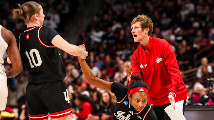 Mar 23, 2025; Columbia, South Carolina, USA; Indiana Hoosiers head coach Teri Moren directs her team against the South Carolina Gamecocks in the first half at Colonial Life Arena. Mandatory Credit: Jeff Blake-Imagn Images