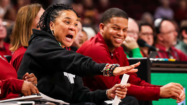 Dec 19, 2024; Columbia, South Carolina, USA; South Carolina Gamecocks head coach Dawn Staley directs her team against the Charleston Southern Buccaneers in the second half at Colonial Life Arena. Mandatory Credit: Jeff Blake-Imagn Images Dec 19, 2024; Columbia, South Carolina, USA; South Carolina Gamecocks head coach Dawn Staley directs her team against the Charleston Southern Buccaneers in the second half at Colonial Life Arena. Mandatory Credit: Jeff Blake-Imagn Images
