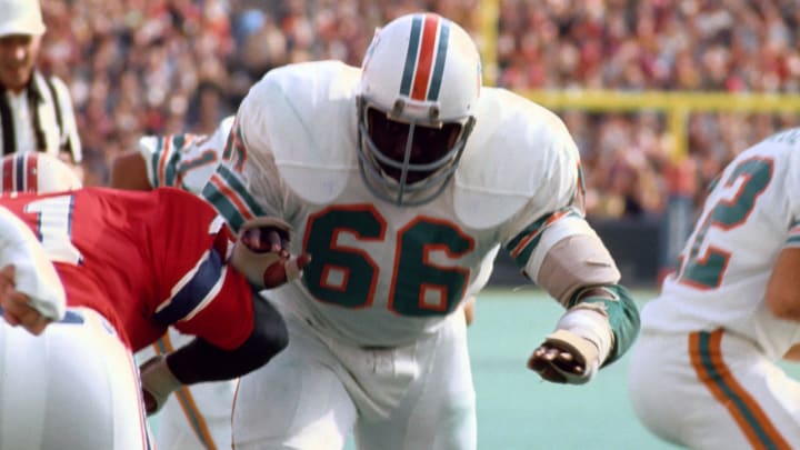Guard Larry Little in action against the New England Patriots at Foxboro Stadium in 1976.