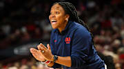 Feb 4, 2024; Columbia, South Carolina, USA; Ole Miss Rebels head coach Yolett McPhee-McCuin directs her team against the South Carolina Gamecocks in the first half at Colonial Life Arena. Mandatory Credit: Jeff Blake-Imagn Images