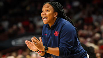 Feb 4, 2024; Columbia, South Carolina, USA; Ole Miss Rebels head coach Yolett McPhee-McCuin directs her team against the South Carolina Gamecocks in the first half at Colonial Life Arena. Mandatory Credit: Jeff Blake-Imagn Images