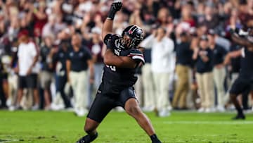 South Carolina Gamecocks DT T.J. Sanders celebrates a stop against the Texas A&M Aggies.