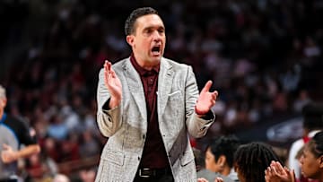 Jan 7, 2024; Columbia, South Carolina, USA; Mississippi State Bulldogs head coach Sam Purcell celebrates a play against the South Carolina Gamecocks in the first half at Colonial Life Arena. Mandatory Credit: Jeff Blake-Imagn Images