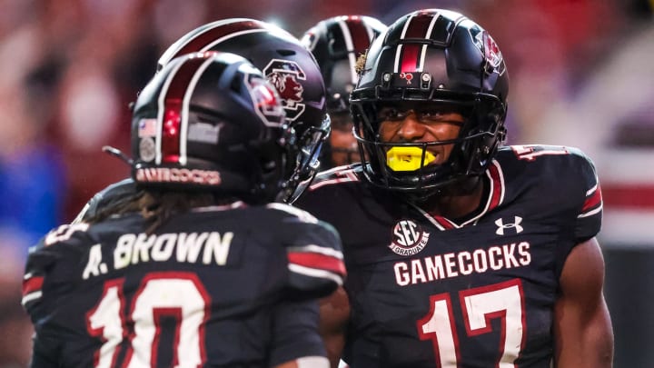 Nov 18, 2023; Columbia, South Carolina, USA; South Carolina Gamecocks wide receiver Xavier Legette (17) celebrates a touchdown reception against the Kentucky Wildcats with teammate wide receiver Ahmarean Brown (10) in the second half at Williams-Brice Stadium. Mandatory Credit: Jeff Blake-USA TODAY Sports Kentucky