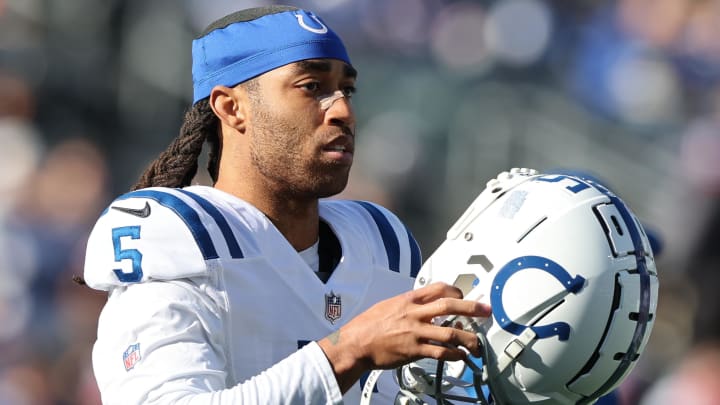 Jan 1, 2023; East Rutherford, New Jersey, USA; Indianapolis Colts cornerback Stephon Gilmore (5) before the game against the New York Giants at MetLife Stadium.