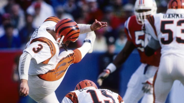 Oct 16, 1988; Foxboro, MA, USA; FILE PHOTO; Cincinnati Bengals kicker Jim Breech (3) kicks a field goal against the New England Patriots at Foxboro Stadium. The Patriots defeated the Bengals 27-21. Mandatory Credit: Dick Raphael-Imagn Images Oct 16, 1988; Foxboro, MA, USA; FILE PHOTO; Cincinnati Bengals kicker Jim Breech (3) kicks a field goal against the New England Patriots at Foxboro Stadium. The Patriots defeated the Bengals 27-21. Mandatory Credit: Dick Raphael-Imagn Images
