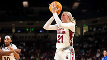 Dec 5, 2024; Columbia, South Carolina, USA; South Carolina Gamecocks forward Chloe Kitts (21) shoots against the Duke Blue Devils in the first half at Colonial Life Arena. Mandatory Credit: Jeff Blake-Imagn Images