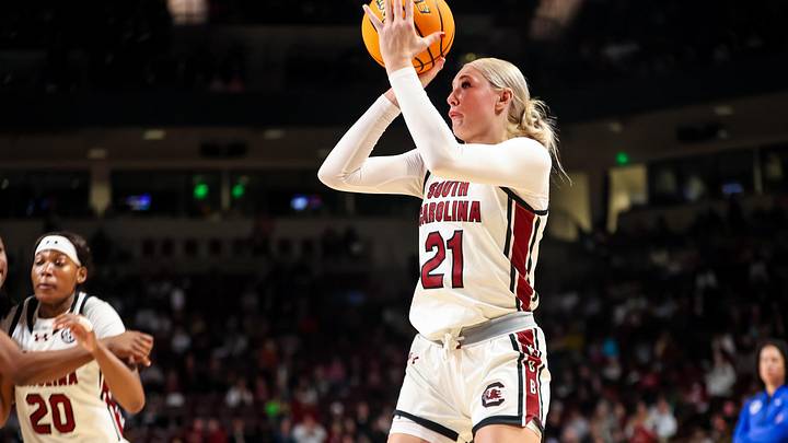 Dec 5, 2024; Columbia, South Carolina, USA; South Carolina Gamecocks forward Chloe Kitts (21) shoots against the Duke Blue Devils in the first half at Colonial Life Arena. Mandatory Credit: Jeff Blake-Imagn Images