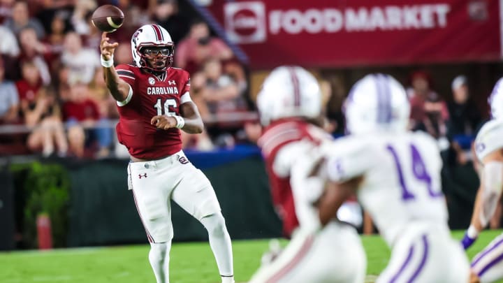 Sep 9, 2023; Columbia, South Carolina, USA; South Carolina Gamecocks quarterback LaNorris Sellers (16) passes against the Furman Paladins during the second half at Williams-Brice Stadium. Mandatory Credit: Jeff Blake-USA TODAY Sports