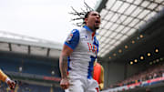 Blackburn Rovers midfielder Tyrhys Dolan (10) scores a goal 2-1 and celebrates during the EFL Sky Bet Championship match between Blackburn Rovers and Watford at Ewood Park, Blackburn, England on 26 April 2025.