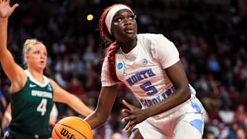 Mar 22, 2024; Columbia, SC, USA; North Carolina Tar Heels forward Maria Gakdeng (5) looks to score against the Michigan State Spartans in the second half at Colonial Life Arena. Mandatory Credit: Jeff Blake-Imagn Images