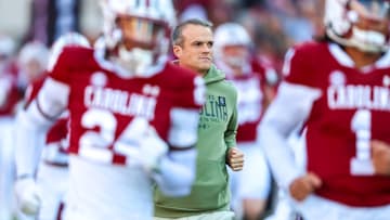 Nov 23, 2024; Columbia, South Carolina, USA; South Carolina Gamecocks head coach Shane Beamer takes the field with his team before a game against the Wofford Terriers at Williams-Brice Stadium. Mandatory Credit: Jeff Blake-Imagn Images