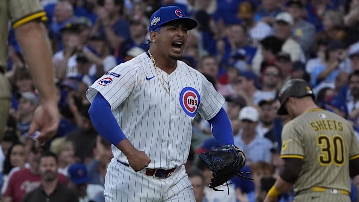 Oct 2, 2025; Chicago, Illinois, USA; Chicago Cubs pitcher Daniel Palencia (48) reacts against the San Diego Padres during game three of the Wildcard round for the 2025 MLB playoffs at Wrigley Field. Mandatory Credit: David Banks-Imagn Images