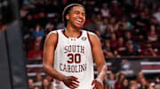 Mar 1, 2025; Columbia, South Carolina, USA; South Carolina Gamecocks forward Collin Murray-Boyles (30) celebrates a play against the Arkansas Razorbacks in the second half at Colonial Life Arena. Mandatory Credit: Jeff Blake-Imagn Images