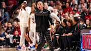 Feb 16, 2025; Columbia, South Carolina, USA; South Carolina Gamecocks head coach Dawn Staley directs her team against the UConn Huskies in the first half at Colonial Life Arena. Mandatory Credit: Jeff Blake-Imagn Images